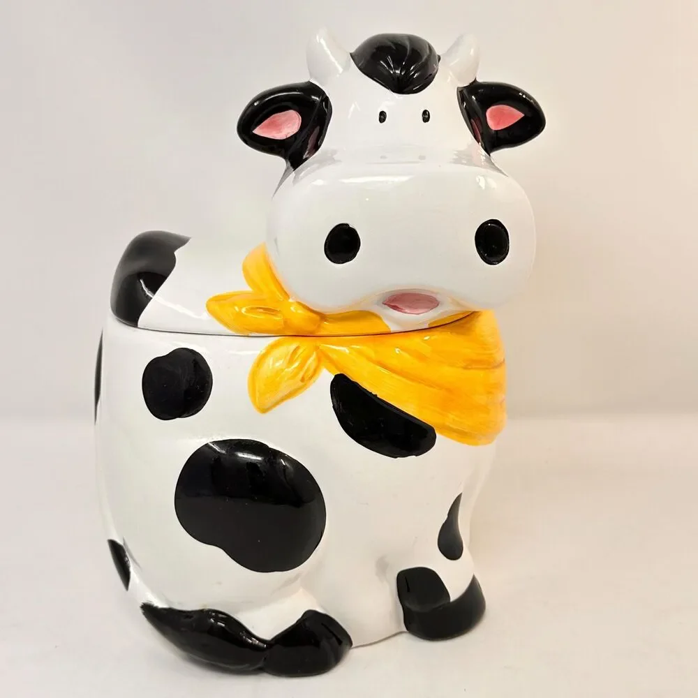 Vintage Cooks Club Ceramic Cow Cookie Jar Yellow Bandana Farmhouse Decor 11